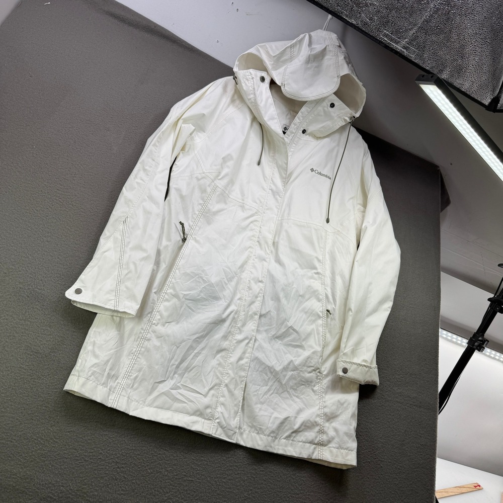 Columbia Jacket Women L White Omni-Tech Waterproof Rain Hooded Parka Shell - Picture 2 of 12